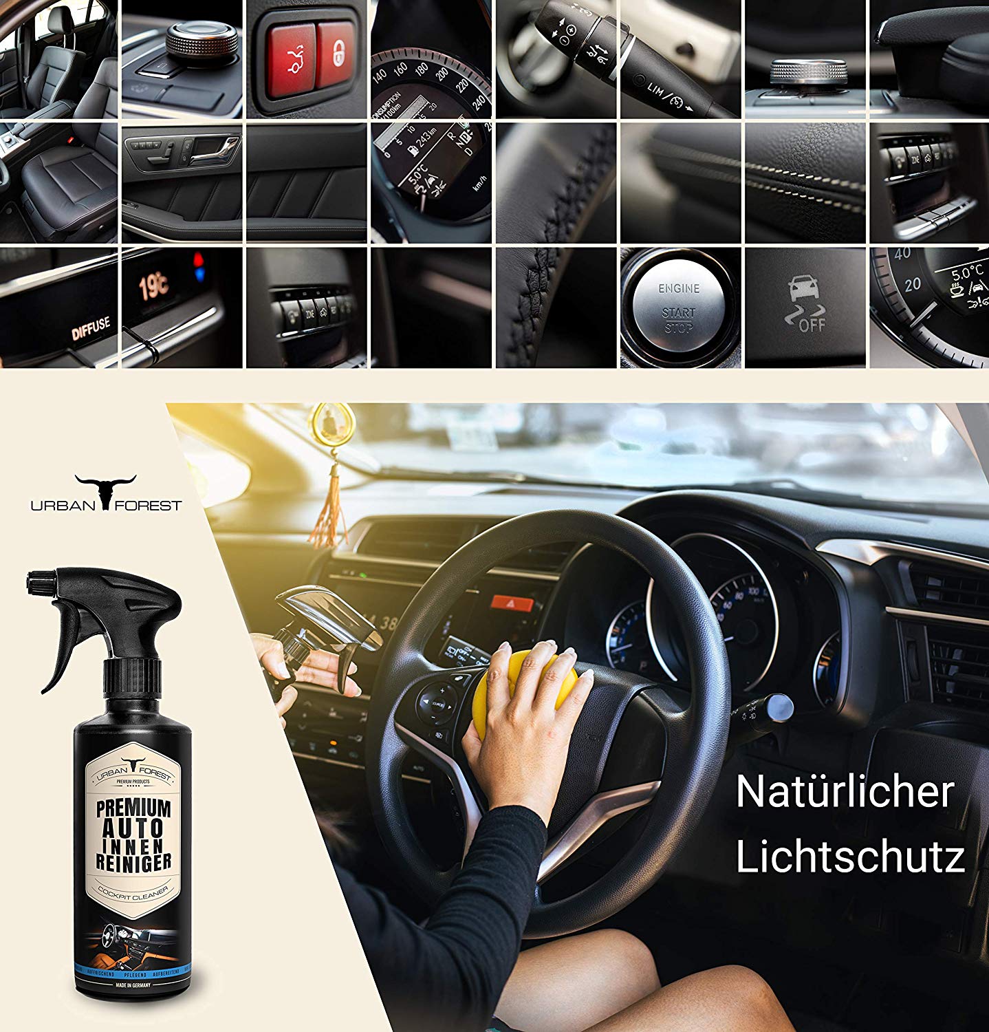 Premium Auto Innen Reiniger für Auto Innenraumpflege l Cockpitspray &  Polsterreiniger von URBAN FOREST 500ml - KAP3 PREMIUM PRODUCTS