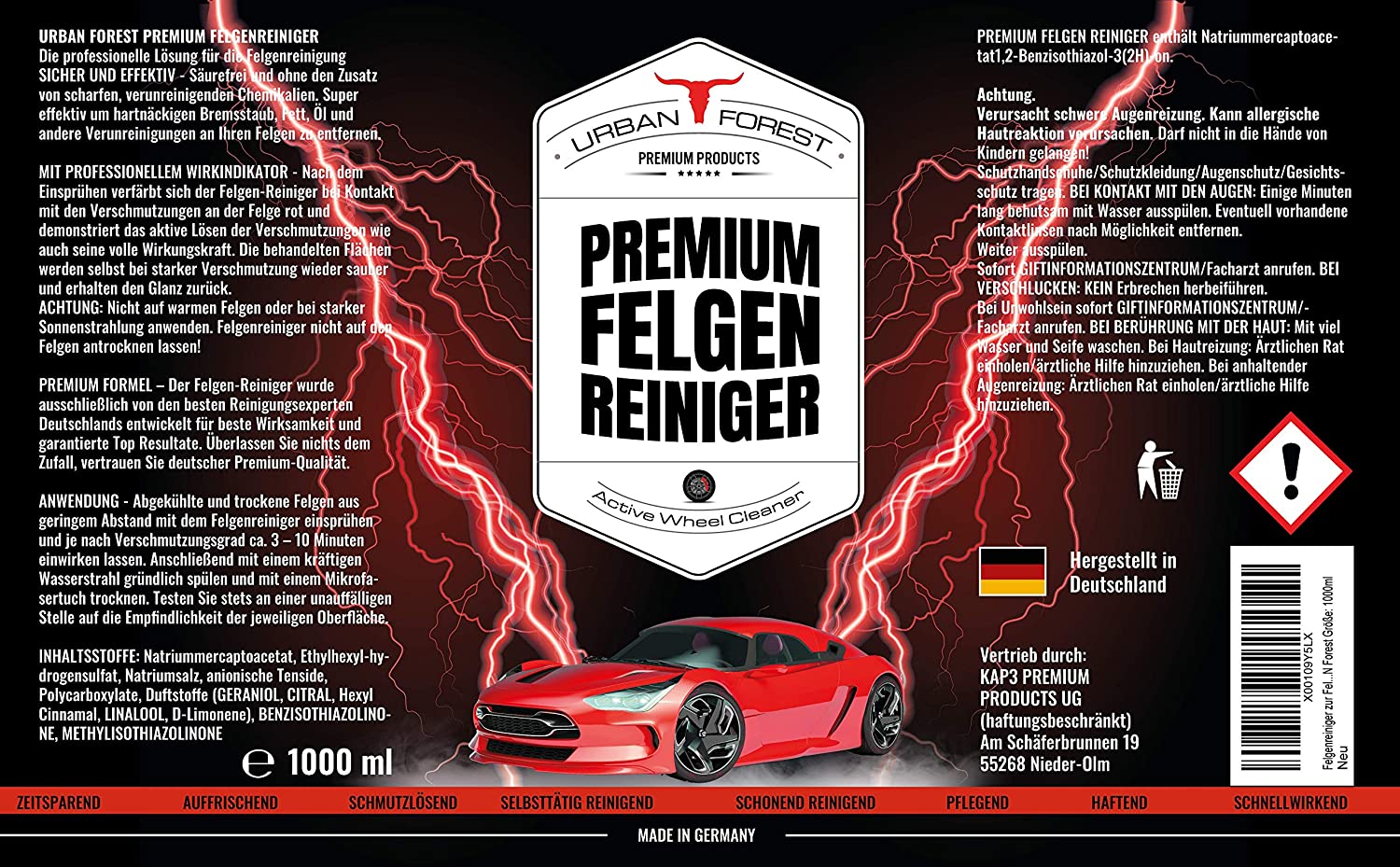 Auto Innenraum Reiniger & Innenraumpflege 500ml + Felgen Reiniger 1000ml +  Premium Leder Balsam - KAP3 PREMIUM PRODUCTS