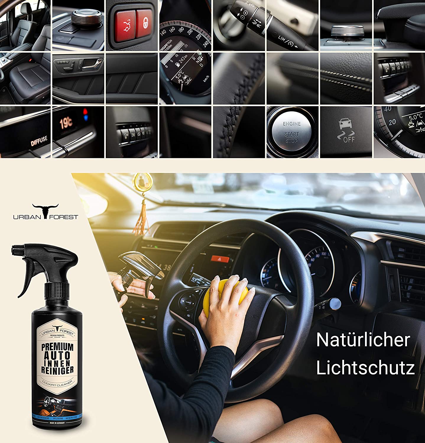 Auto Innenraum Reiniger & Innenraumpflege 500ml + Felgen Reiniger 1000ml +  Premium Leder Balsam